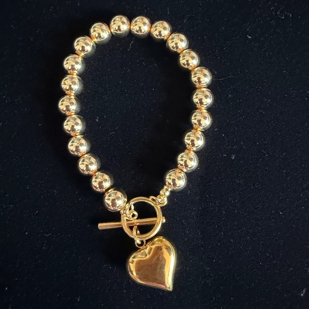 Gold Beaded Metal Bracelet with Heart Dangle Charm, Toggle Closure, Love Theme
